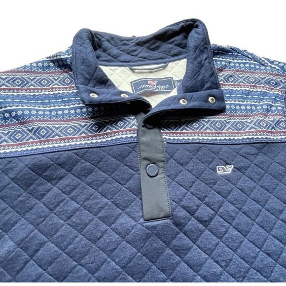 NWOT Vineyard Vines Holiday Fair Isle Fleece Pullover Sweater Snap Blue XXL Men - Picture 2 of 10